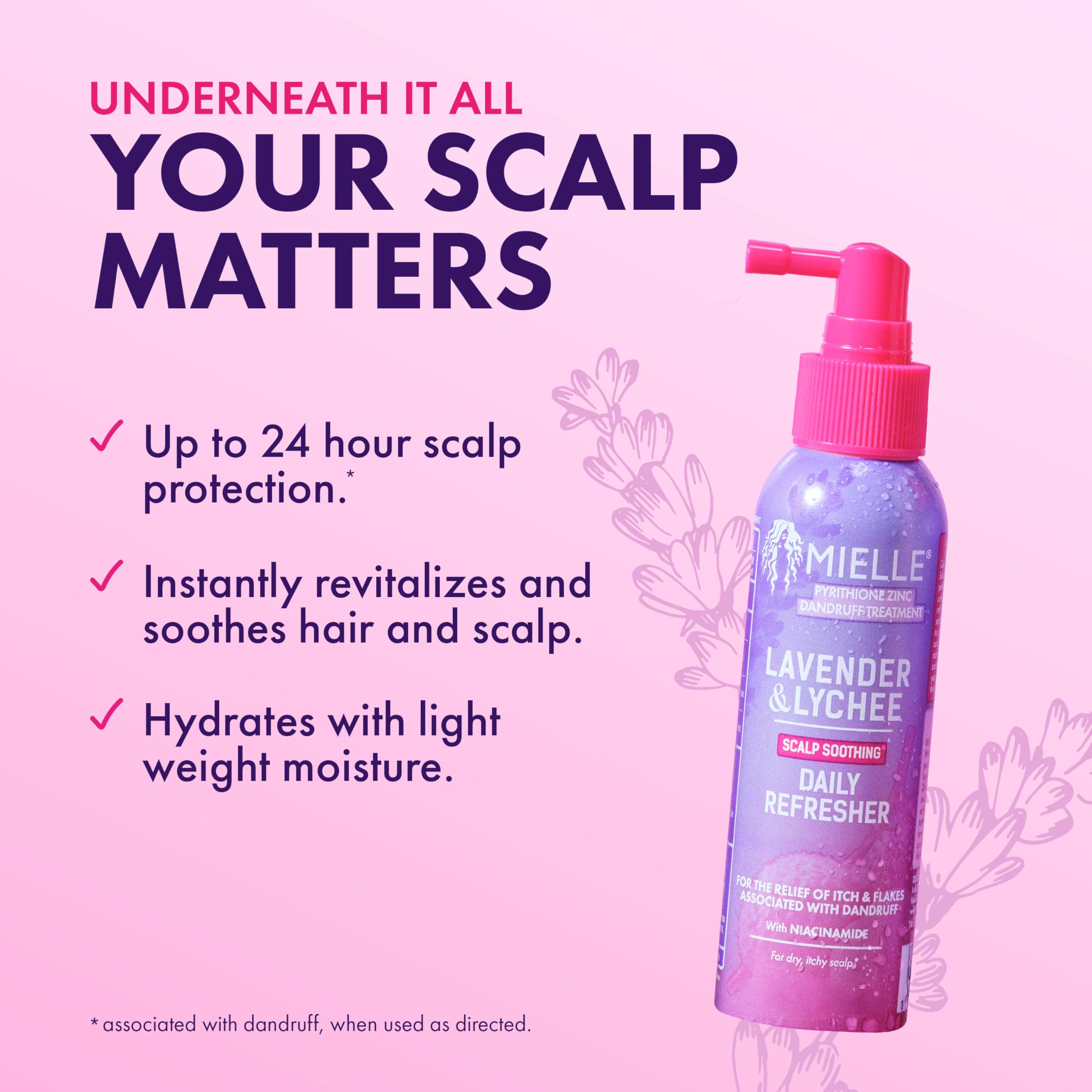 Mielle Organics Lavender & Lychee Daily Scalp Refresher, Pyrithione Zinc Dandruff Treatment Spray, Relieves Itch & Flakes, No Rinse Scalp Moisturizer with Niacinamide, For Dry Itchy Scalp, 4 fl oz - Image 3