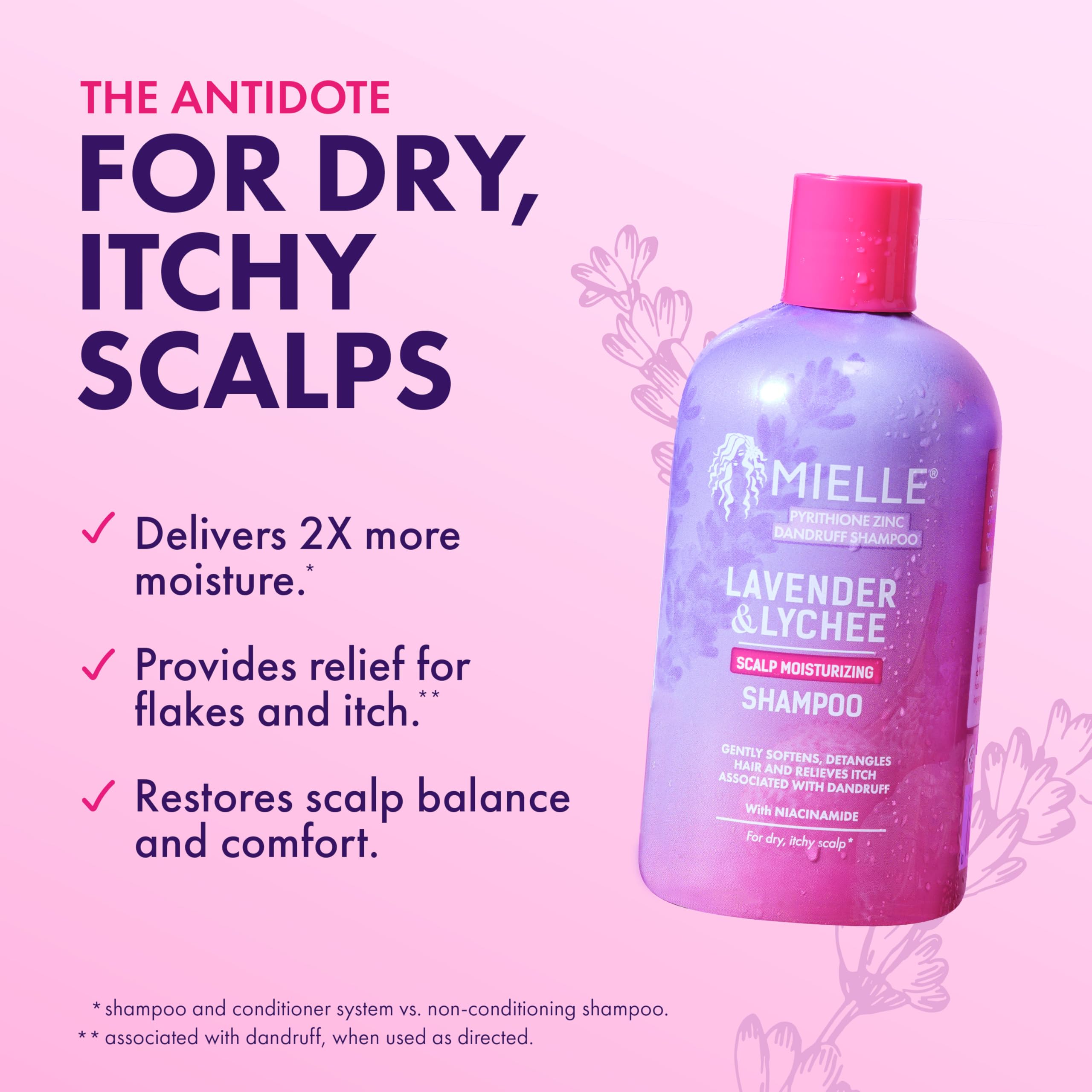 Mielle Organics Lavender & Lychee Scalp Moisturizing Shampoo with 1% Pyrithione Zinc – Anti-Dandruff Shampoo for Flake & Itch Relief, Sulfate-Free, 12 fl oz - Image 3